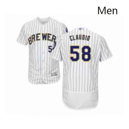 Mens Milwaukee Brewers 58 Alex Claudio White Home Flex Base Authentic Collection Baseball Jersey